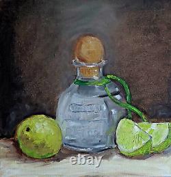 Oil original still life painting on canvas size 12x12 inches Tequila with lime