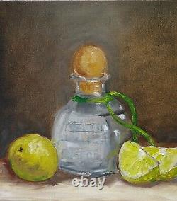 Oil original still life painting on canvas size 12x12 inches Tequila with lime