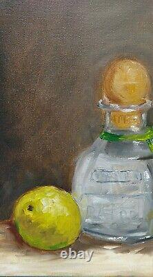 Oil original still life painting on canvas size 12x12 inches Tequila with lime