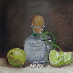 Oil original still life painting on canvas size 12x12 inches Tequila with lime