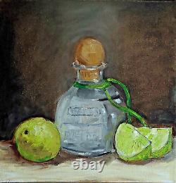 Oil original still life painting on canvas size 12x12 inches Tequila with lime