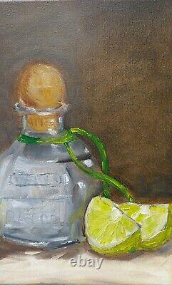 Oil original still life painting on canvas size 12x12 inches Tequila with lime