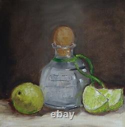 Oil original still life painting on canvas size 12x12 inches Tequila with lime