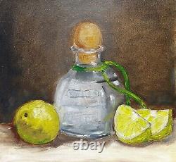 Oil original still life painting on canvas size 12x12 inches Tequila with lime
