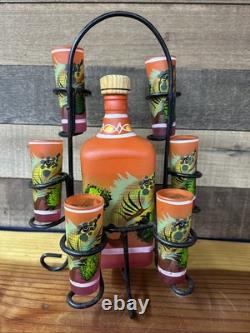 Orange Painted Mexican Decanter Shot/Tequila Set with6 Shot Glasses Metal Stand
