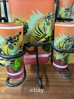 Orange Painted Mexican Decanter Shot/Tequila Set with6 Shot Glasses Metal Stand