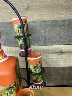 Orange Painted Mexican Decanter Shot/Tequila Set with6 Shot Glasses Metal Stand