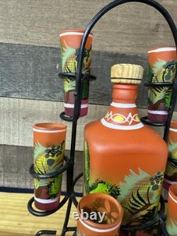 Orange Painted Mexican Decanter Shot/Tequila Set with6 Shot Glasses Metal Stand
