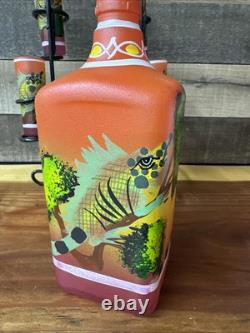 Orange Painted Mexican Decanter Shot/Tequila Set with6 Shot Glasses Metal Stand