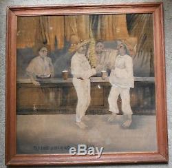 RARE old MEXICAN PAINTING-men Drinking PULQUE-TEQUILA-Mezcal-1900 Bar/Taberna