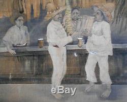 RARE old MEXICAN PAINTING-men Drinking PULQUE-TEQUILA-Mezcal-1900 Bar/Taberna