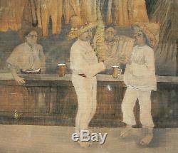 RARE old MEXICAN PAINTING-men Drinking PULQUE-TEQUILA-Mezcal-1900 Bar/Taberna