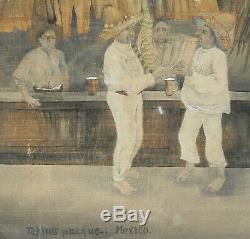 RARE old MEXICAN PAINTING-men Drinking PULQUE-TEQUILA-Mezcal-1900 Bar/Taberna