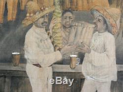 RARE old MEXICAN PAINTING-men Drinking PULQUE-TEQUILA-Mezcal-1900 Bar/Taberna