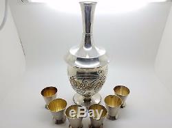Rare Sterling Silver Wine Tequila Vodka Decanter with 6 Gilded Shot Glasses 153