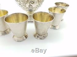 Rare Sterling Silver Wine Tequila Vodka Decanter with 6 Gilded Shot Glasses 153