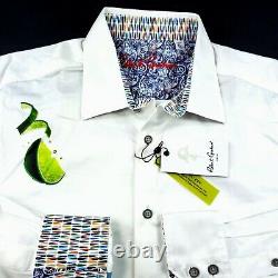 Robert Graham Embroidered Tequila Lime Cocktail Motif Geometric White Shirt 2XL