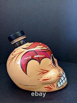 Sangre De Vida Tequila Handpainted YellowithRed Devil Skull Bottle (Empty)