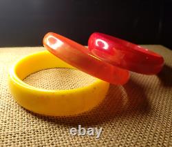 Set Of 3 Marbled Swirl Tequila Sunrise Bakelite Bracelets Yellow Coral Red Retro