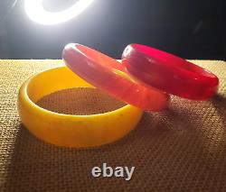 Set Of 3 Marbled Swirl Tequila Sunrise Bakelite Bracelets Yellow Coral Red Retro