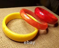 Set Of 3 Marbled Swirl Tequila Sunrise Bakelite Bracelets Yellow Coral Red Retro