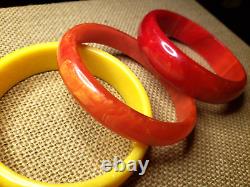 Set Of 3 Marbled Swirl Tequila Sunrise Bakelite Bracelets Yellow Coral Red Retro