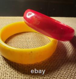 Set Of 3 Marbled Swirl Tequila Sunrise Bakelite Bracelets Yellow Coral Red Retro