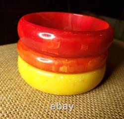 Set Of 3 Marbled Swirl Tequila Sunrise Bakelite Bracelets Yellow Coral Red Retro
