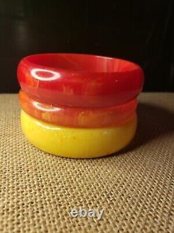 Set Of 3 Marbled Swirl Tequila Sunrise Bakelite Bracelets Yellow Coral Red Retro