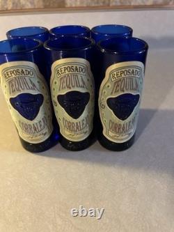 Set Of 6 Corralejo Reposado Tequila Cobalt Blue Embossed Tall Shot Glasses