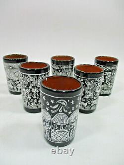 Set of 6 TEQUILA SHOT GLASS hand-painted clay pottery handmade mexican shooters
