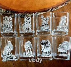 Set of 8 Whiskey & Tequila Alloy with Silver 1.5 ounce Glass Shot Wildlife Animals