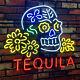 Skull Tequila Real Glass Neon Signs Decor Wall Garage Beer Bar Light 24x20