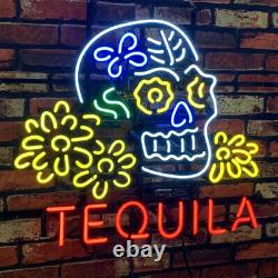 Skull Tequila Real Glass Neon Signs Decor Wall Garage Beer Bar Light 24x20