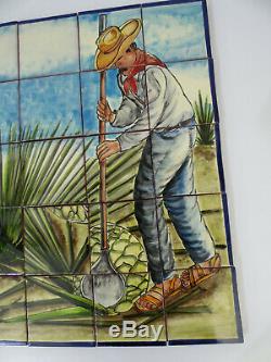 TALAVERA MOSAIC MURAL mexican tile backsplash, tequila jimador with blue agave