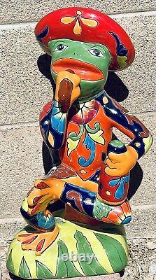 Talavera Frog Mexican Smoking Sombrero Tequila Lizard 19.5 Pottery Animal