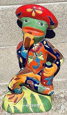 Talavera Frog Mexican Smoking Sombrero Tequila Lizard 19.5 Pottery Animal