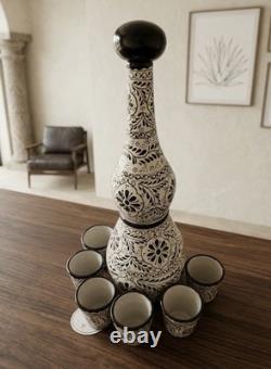 Talavera Tequila Shot Set Handmade Mexican Pottery Black White 6 Cups Decanter