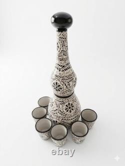 Talavera Tequila Shot Set Handmade Mexican Pottery Black White 6 Cups Decanter