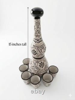 Talavera Tequila Shot Set Handmade Mexican Pottery Black White 6 Cups Decanter