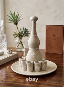 Talavera Tequila Shot Set Handmade Mexican Pottery White 6 Cups Decanter & Tray