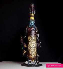 Tequila Bottle Obsidian Stone Shaman Warrior Aztec Mayan Calendar with Shot Glass