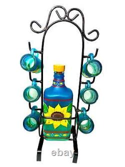 Tequila Bottle and Six Shot Glasses Hand Painted Sunflower Mexican Barware