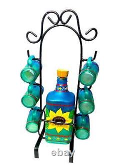 Tequila Bottle and Six Shot Glasses Hand Painted Sunflower Mexican Barware