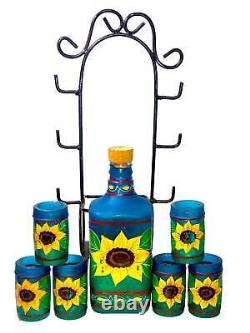 Tequila Bottle and Six Shot Glasses Hand Painted Sunflower Mexican Barware