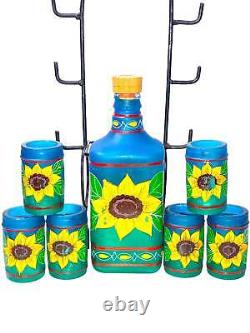 Tequila Bottle and Six Shot Glasses Hand Painted Sunflower Mexican Barware