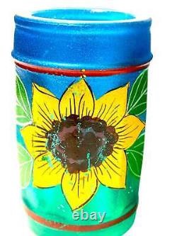 Tequila Bottle and Six Shot Glasses Hand Painted Sunflower Mexican Barware