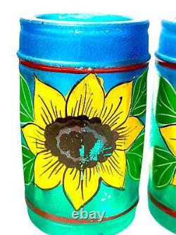 Tequila Bottle and Six Shot Glasses Hand Painted Sunflower Mexican Barware