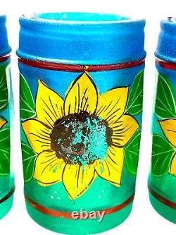 Tequila Bottle and Six Shot Glasses Hand Painted Sunflower Mexican Barware