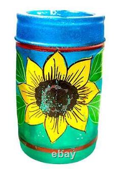 Tequila Bottle and Six Shot Glasses Hand Painted Sunflower Mexican Barware